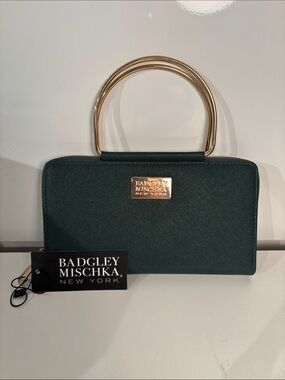 Badgley Mischka Forest Green Saffiano Clutch with Gold Handles